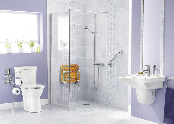 Image of a bathroom with grab bar and shower chair